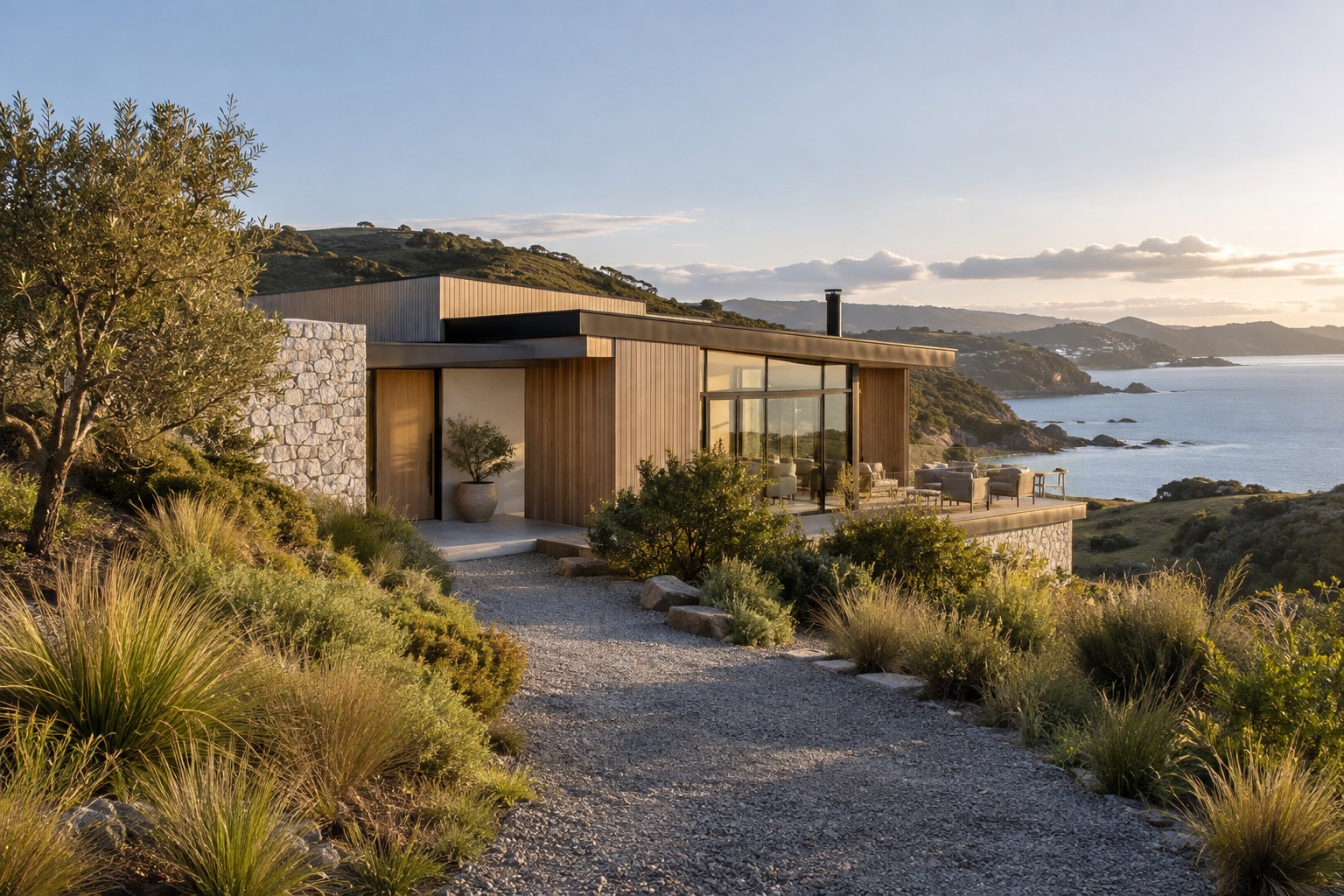 Illustrative photograph of a contemporary coastal property