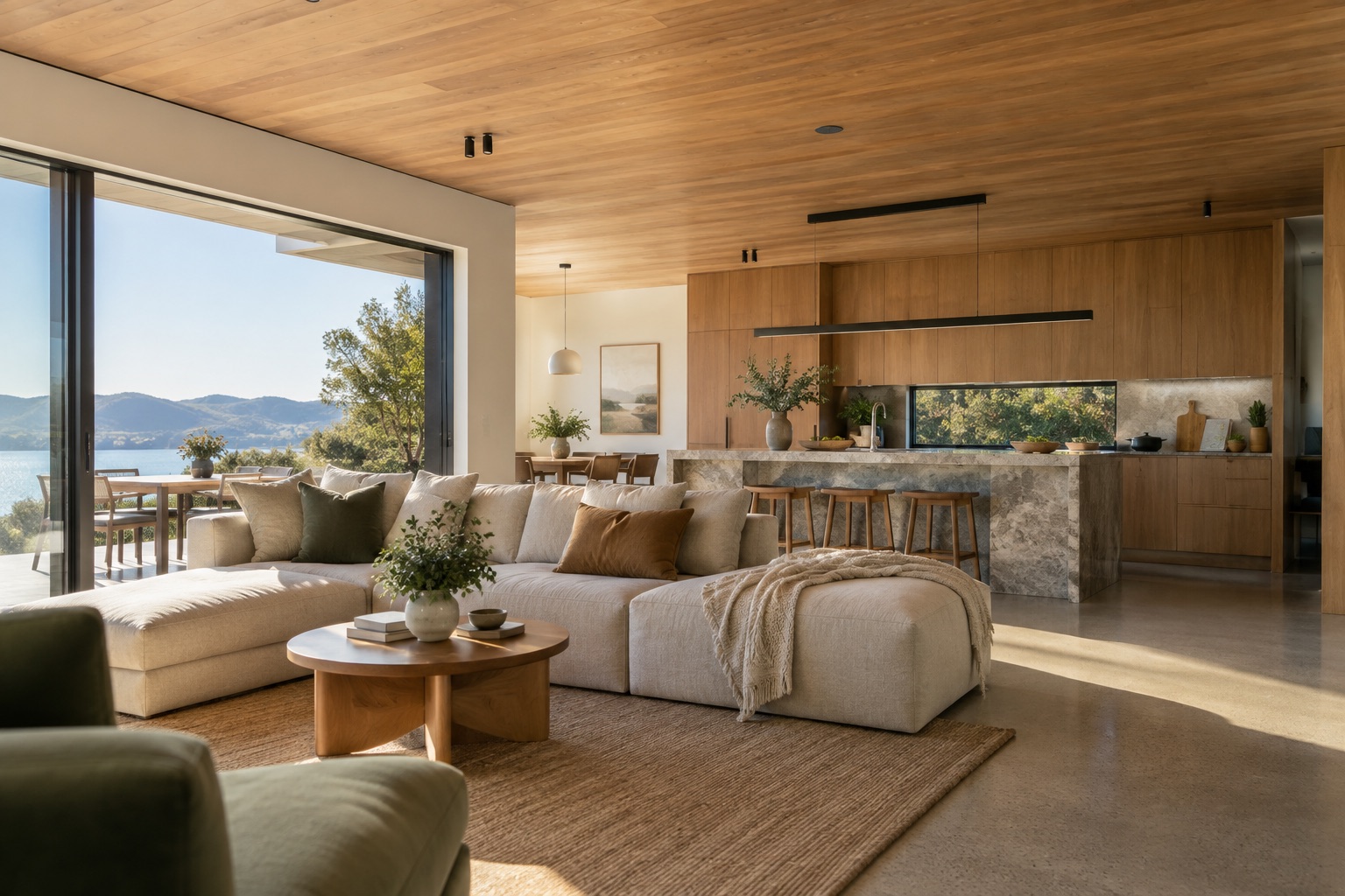 A warm contemporary home interior with timber and natural light